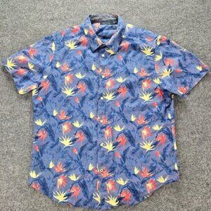 Nautica Shirt Mens Medium Blue Floral Button Up Short Sleeve Preppy Casual